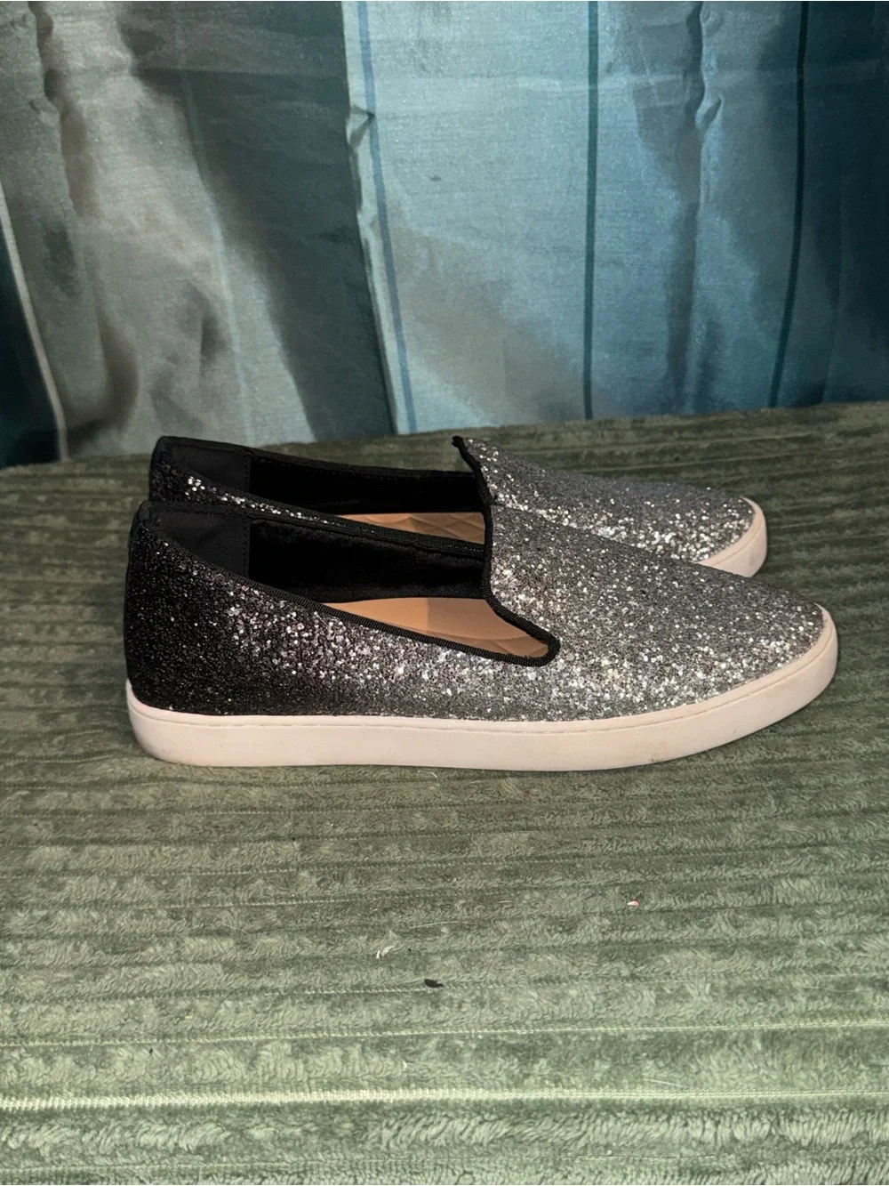 Birdies Silver and Black Glitter Slip-On Sneakers